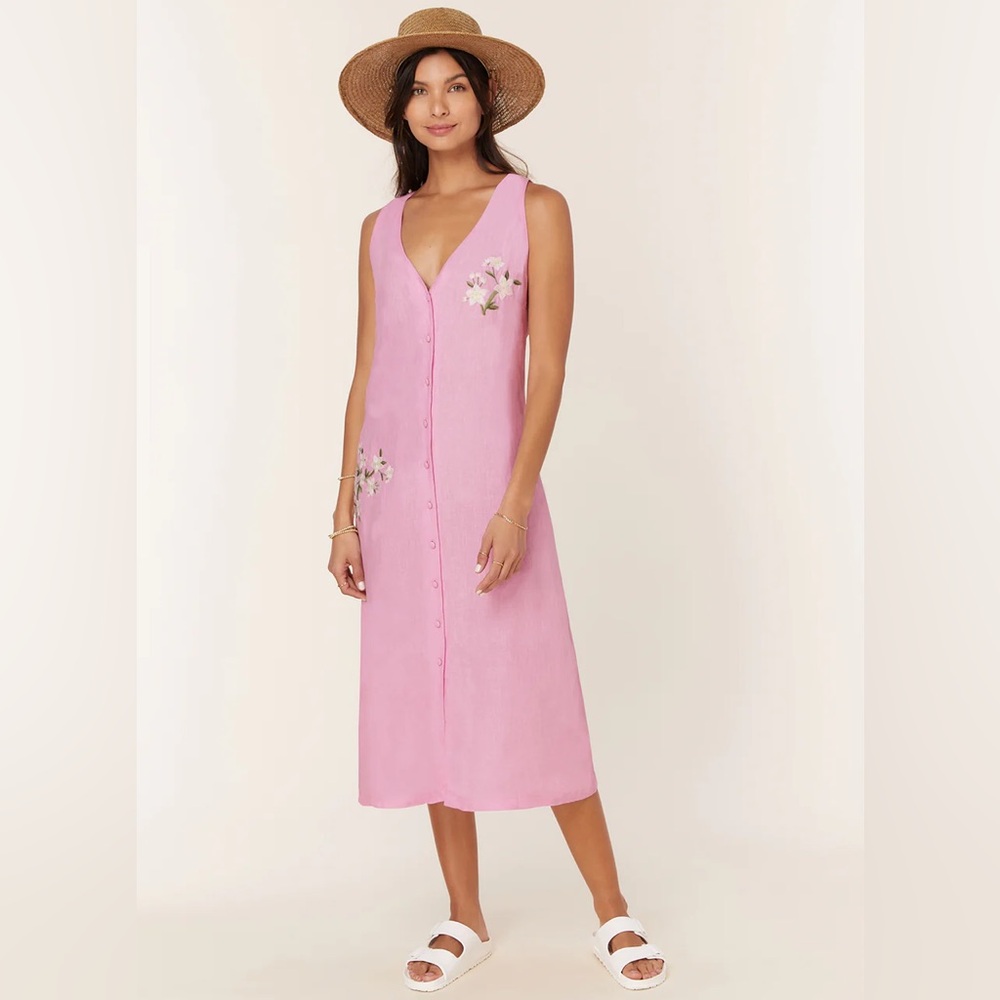 Fanm Mon Anamur Pink Embroidered Floral Button Up Linen Midi Dress Small